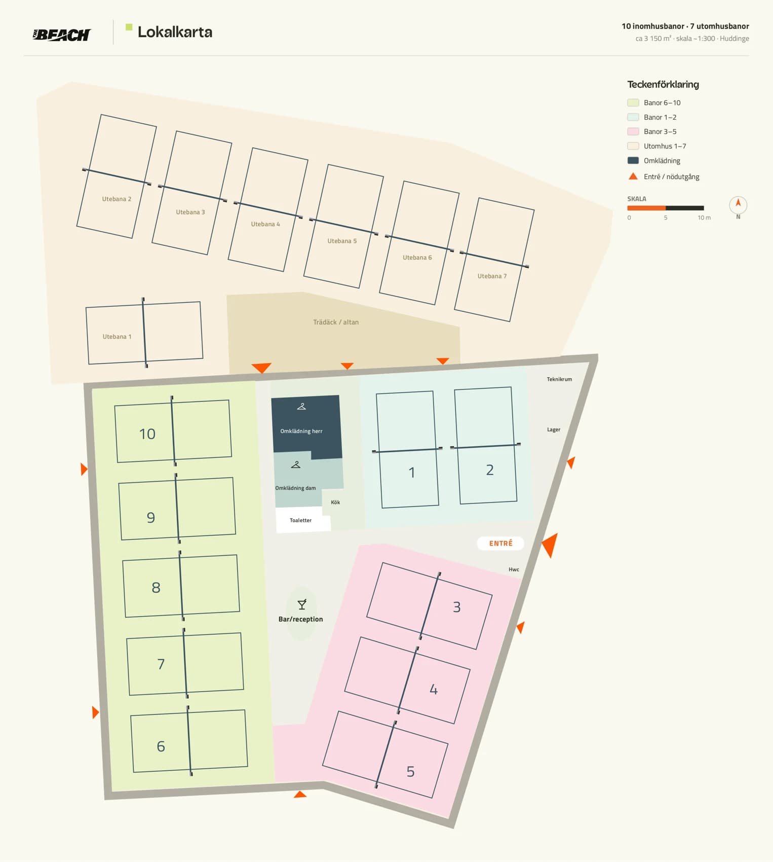 Floor plan of The Beach: 10 indoor sand courts, 7 outdoor, bar, kitchen, changing rooms and entrance